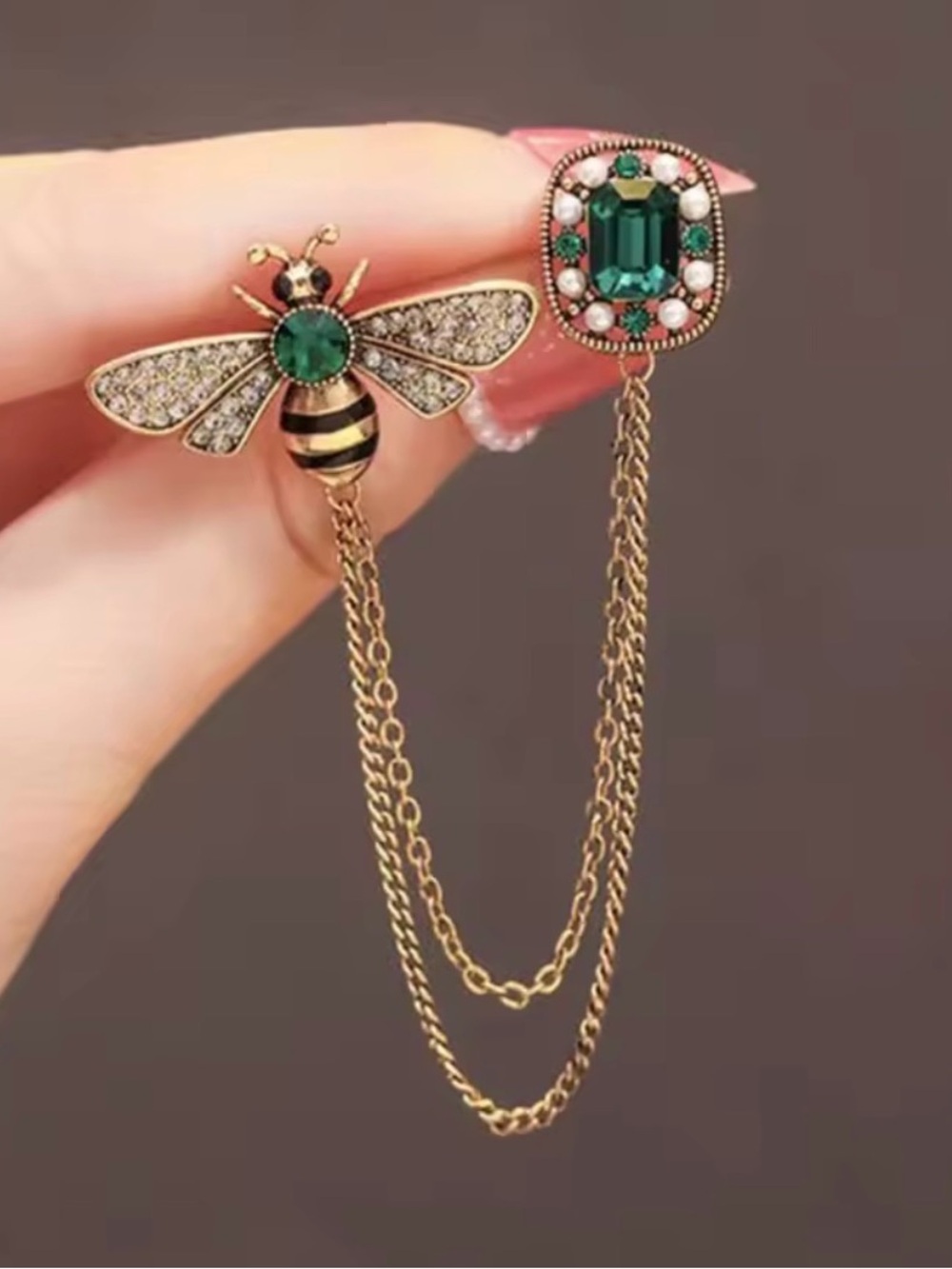 Gold color Bee and Emerald Crystal Chain Brooch - Women Jewelry